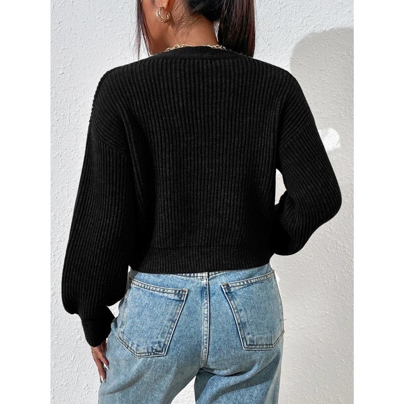 Minimalist Drop Shoulder Ribbed Knit Cardigan sweater - Picture 2 of 4